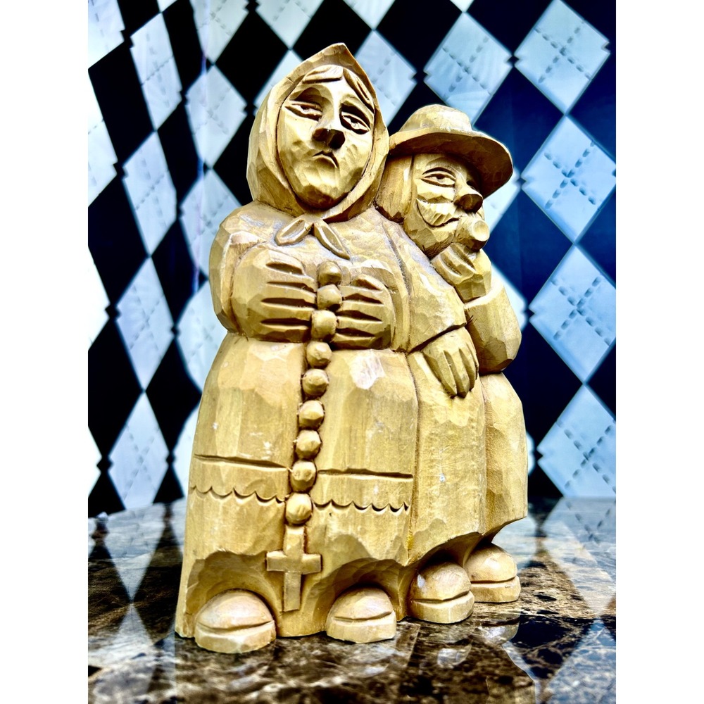 Wooden Folk Art Couple Hand Carved Sculpture Rustic Figurine 8" Rosary and PIpe